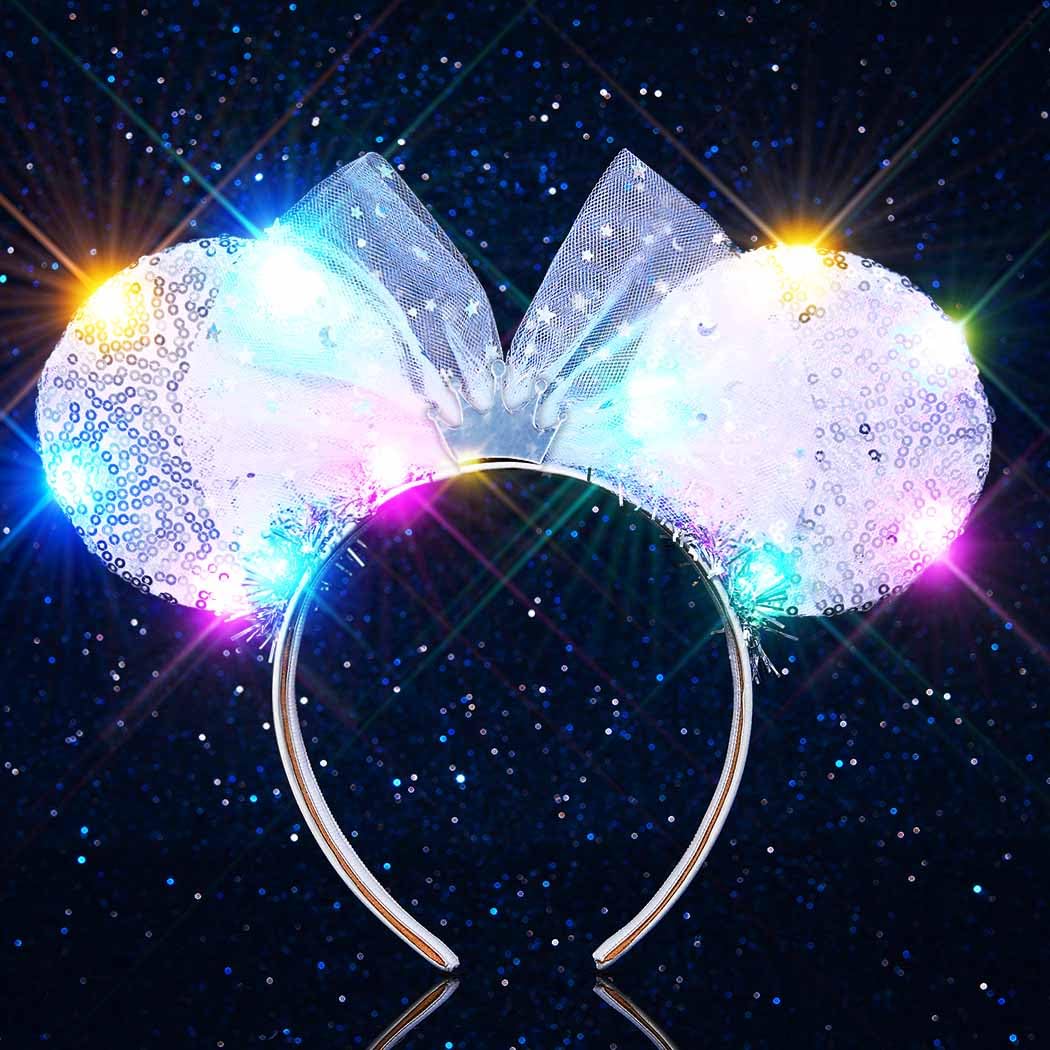 Unicra silver sequin headband front view showing sparkling ears and bow benefit visibility
