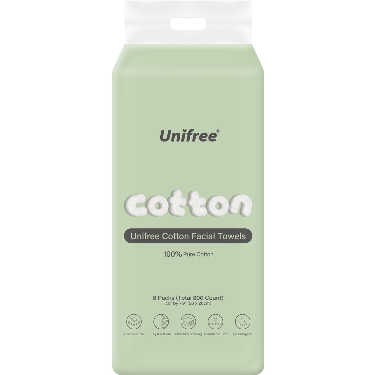UNIFREE front packaging showing 8-pack and 800 count, value and convenience