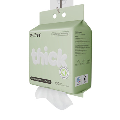 unifree front packaging showing 150-count hanging towels and easy-access benefit