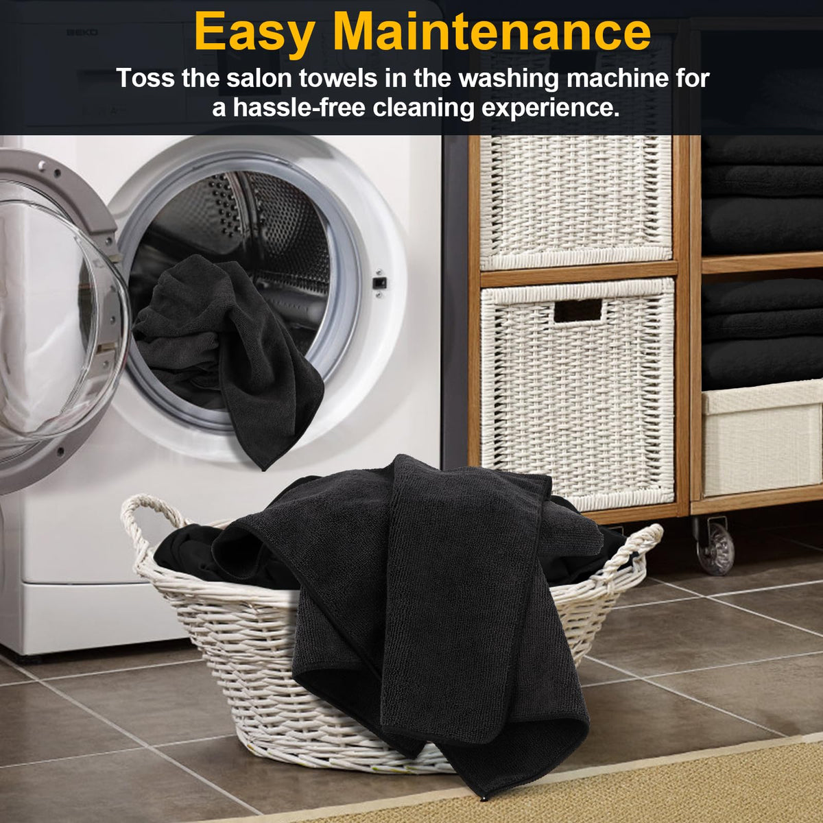 UNIMADE neat stack of black towels ready for salon use benefits organization