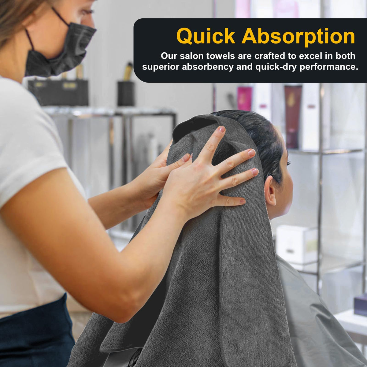 UNIMADE towel wrapped around client's hair demonstrating absorbency benefit