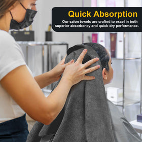 UNIMADE towel wrapped around client's hair demonstrating absorbency benefit