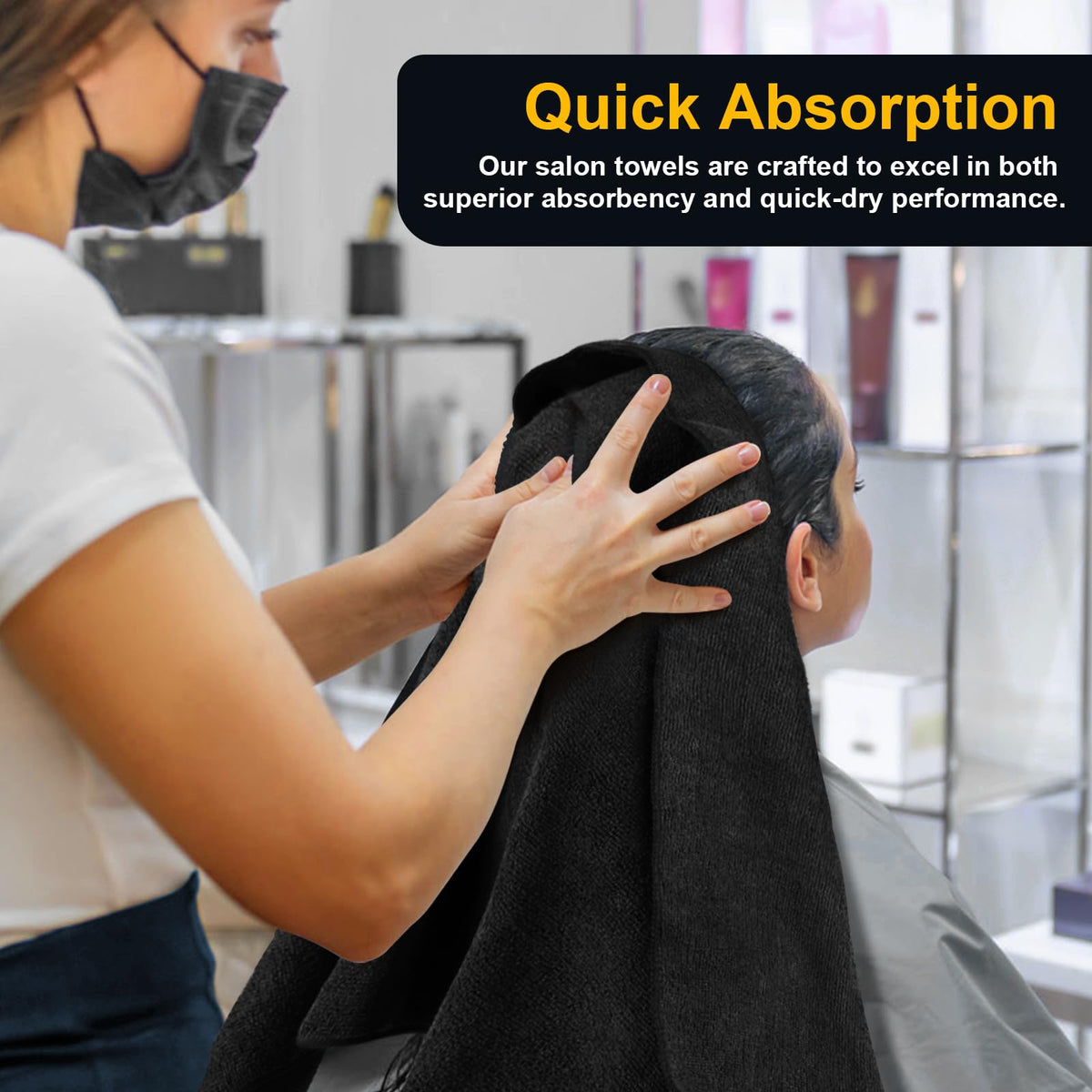 UNIMADE towel wrapped on client demonstrates drying performance during styling