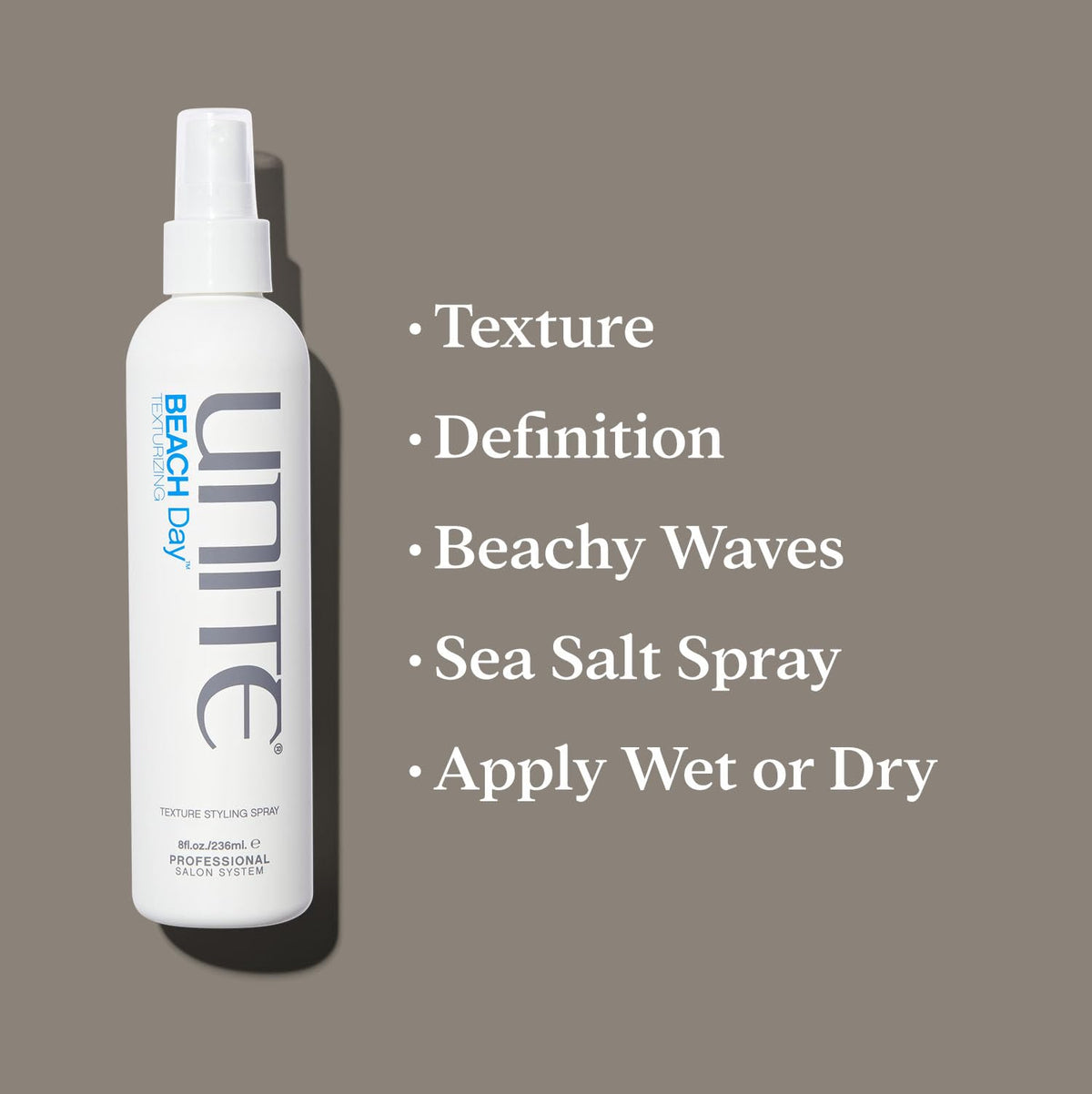 UNITE nozzle close-up spraying mist demonstrating quick texture application benefit