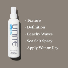 UNITE nozzle close-up spraying mist demonstrating quick texture application benefit