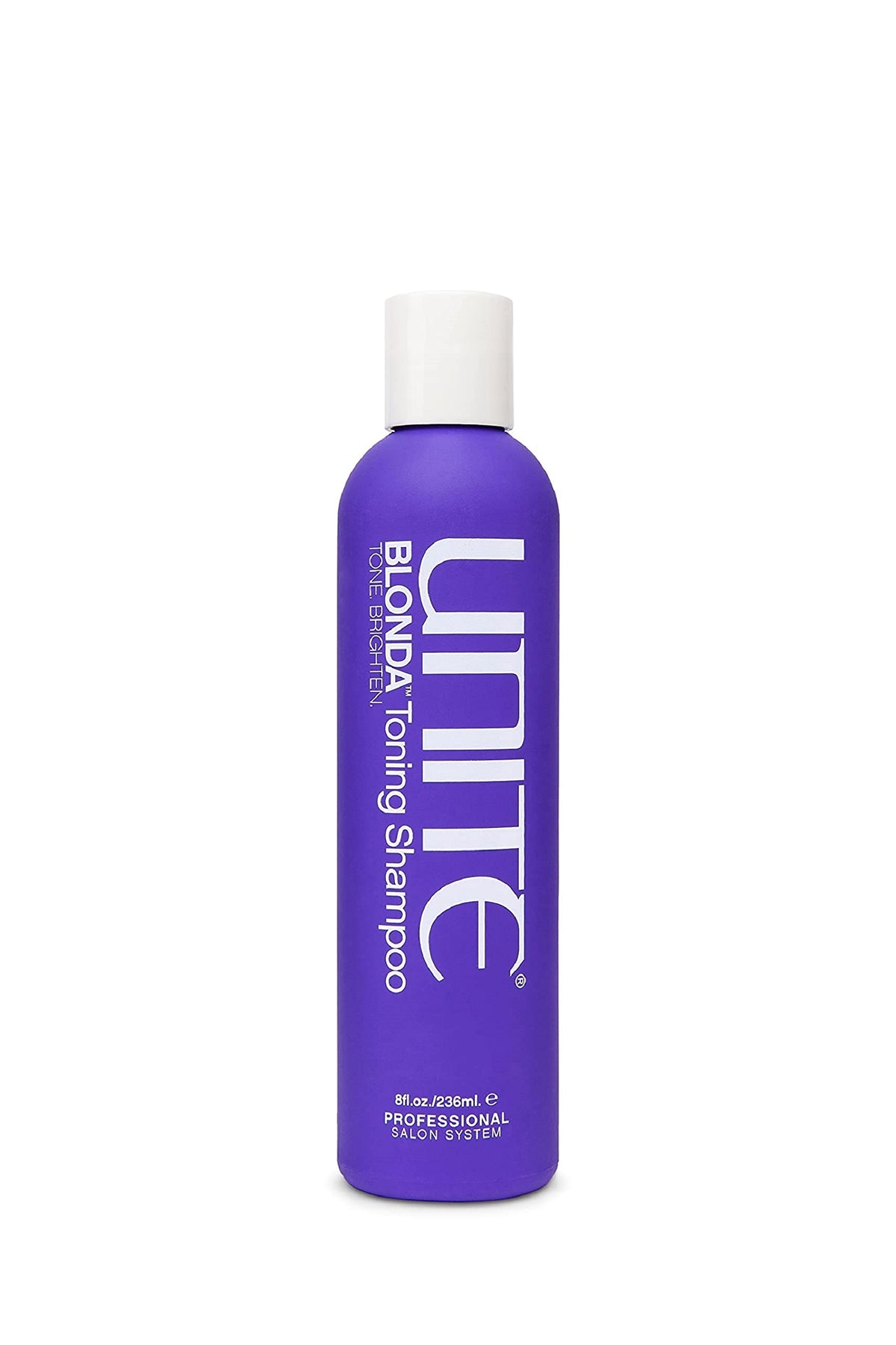 UNITE Hair bottle front view showing BLONDA purple shampoo benefits