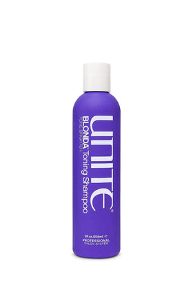 UNITE Hair bottle front view showing BLONDA purple shampoo benefits