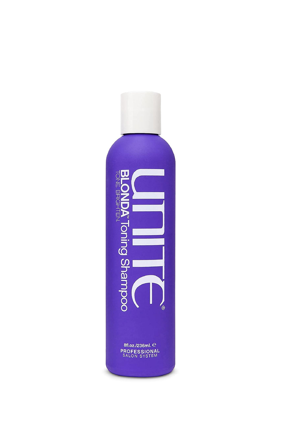 UNITE Hair bottle front view showing BLONDA purple shampoo benefits