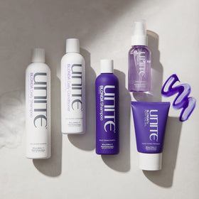 UNITE Hair BLONDA bottle staged on bathroom shelf suggesting salon results