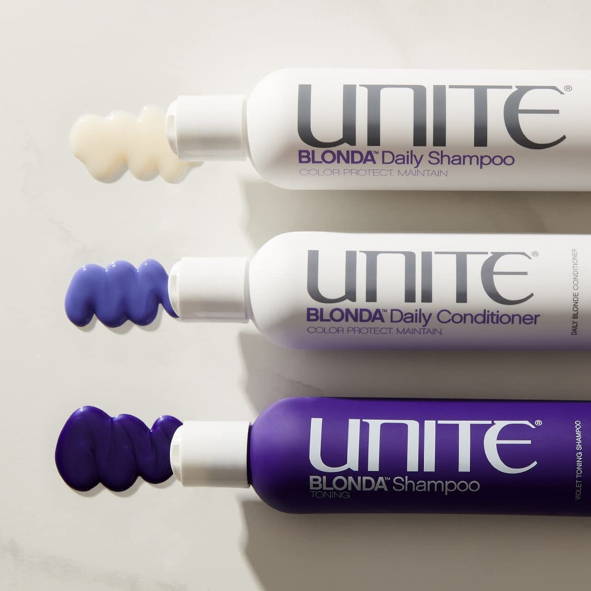 UNITE Hair BLONDA before and after on blonde hair showing reduced brassiness