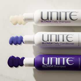 UNITE BLONDA 8oz bottle next to common items for size comparison