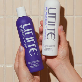 UNITE Hair BLONDA beside ruler displaying the 8 fl oz size