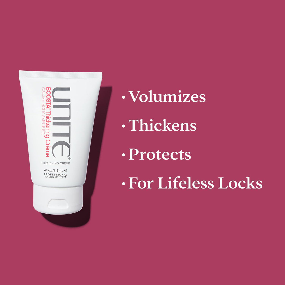 UNITE BOOSTA cream texture close-up highlighting lightweight formula for natural volume