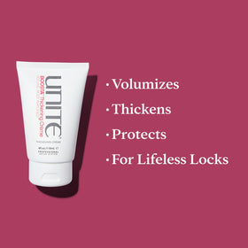 UNITE BOOSTA cream texture close-up highlighting lightweight formula for natural volume
