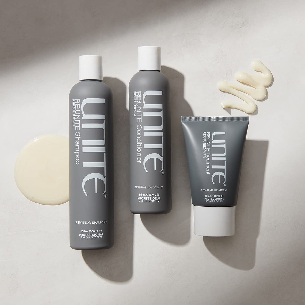 UNITE RE:UNITE bottle next to a 10 oz measuring scale showing product size and value