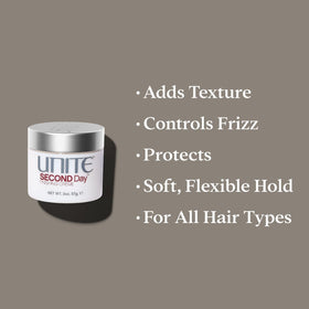UNITE SECOND Day applied to hair by hand demonstrating effortless styling and immediate texture