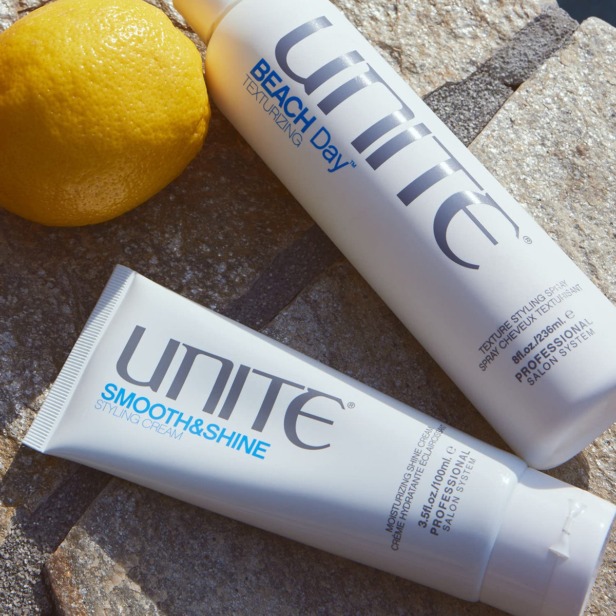 UNITE smooth&shine 3.5 oz held in hand showing compact travel size