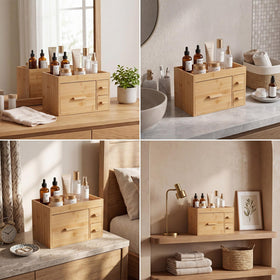Unittype on vanity styled with mirror and cosmetics for clutter-free storage