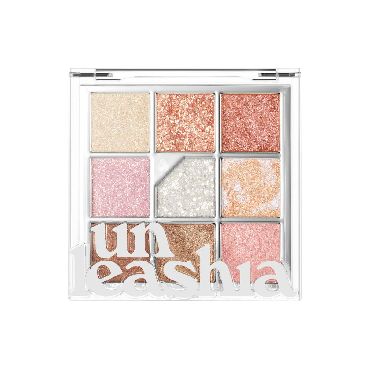 UNLEASHIA front packaging showing compact glitter palette for travel-ready shimmer