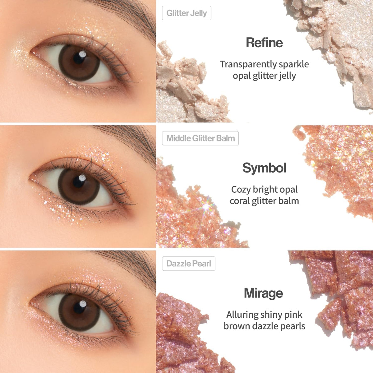 UNLEASHIA on brown eyes demonstrating warm glitters enhancing depth