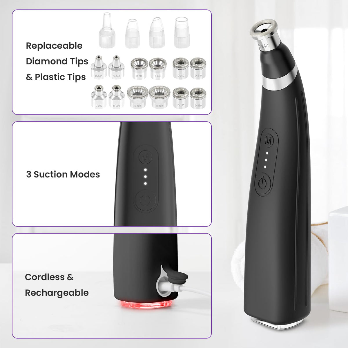 UNOISETION charging port and cable showing recommended adapter compatibility for safe charging