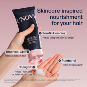 UNOVE mask applied to towel-dried hair, demonstrates quick conditioning benefit