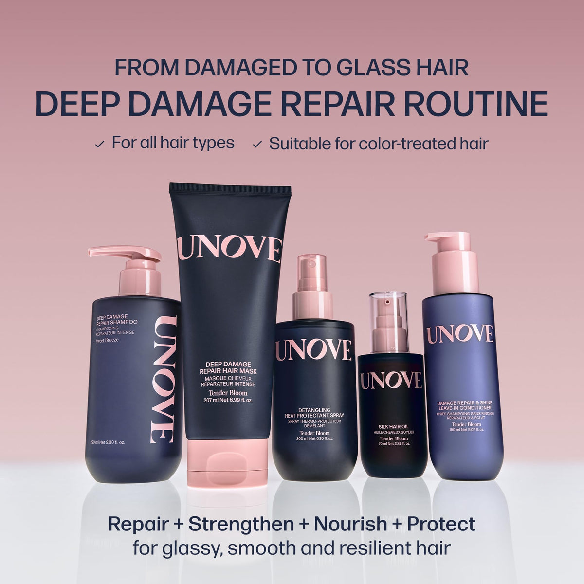 UNOVE lifestyle shot model with smooth shiny hair illustrating polished finish benefit