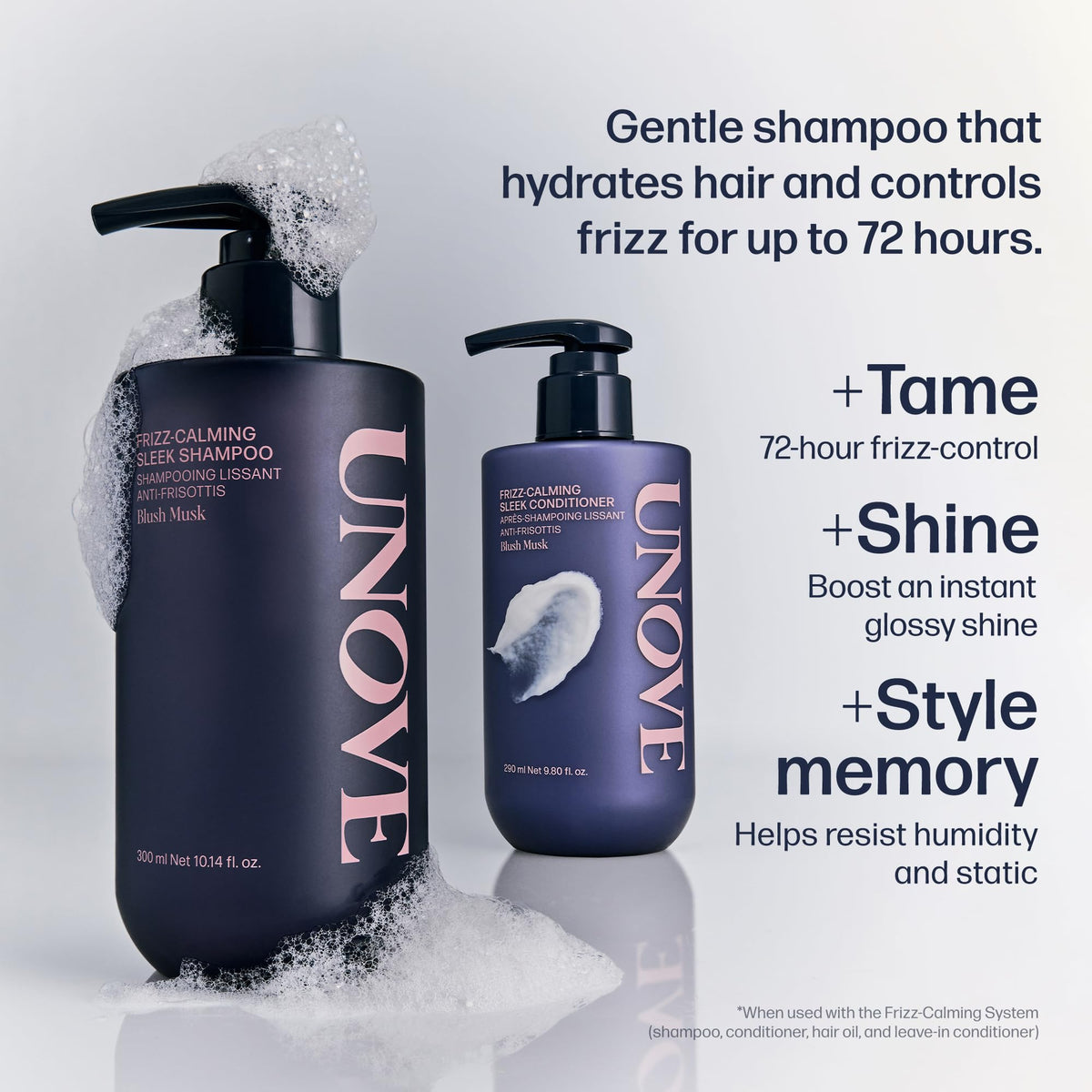 UNOVE pump dispensing creamy shampoo texture that demonstrates gentle lather and moisturize