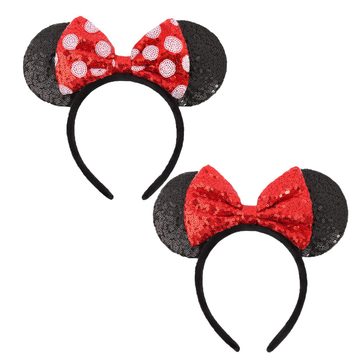 UNSPAZ red sequin headband front view showing bright sparkle and bold bow