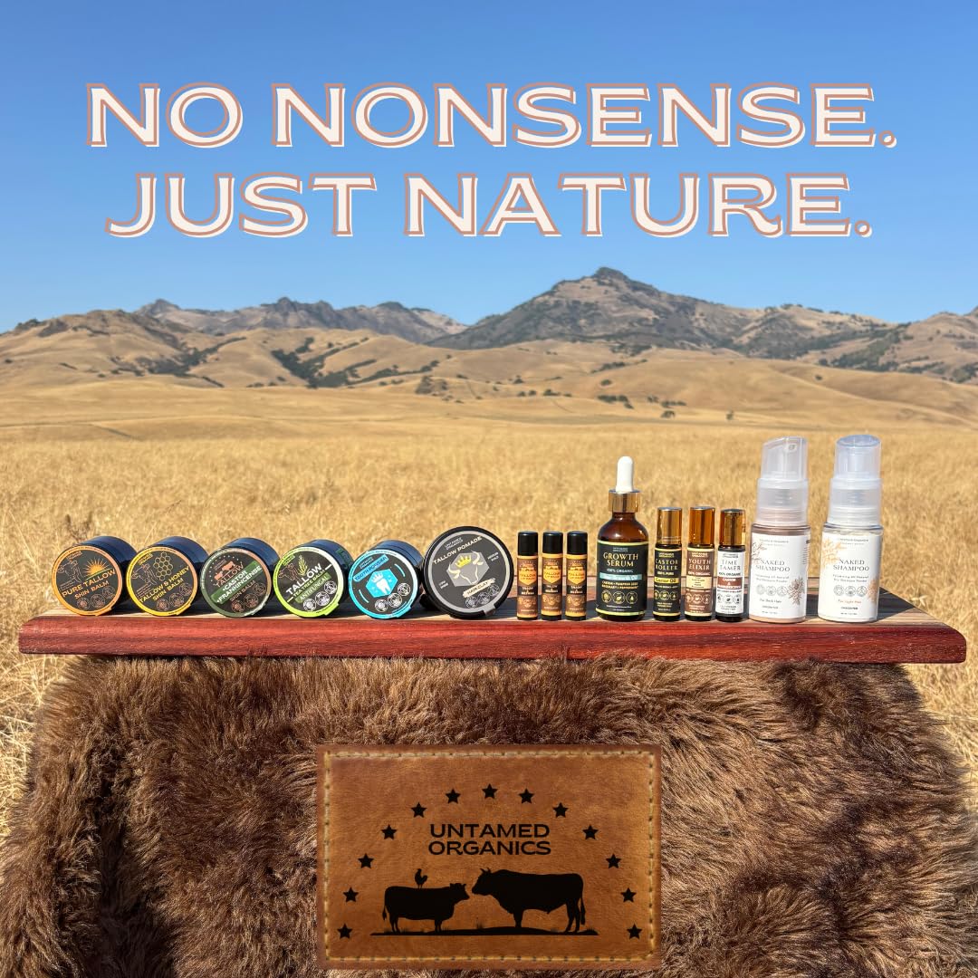 Untamed Organics jar in a woodsy outdoor setting evoking pine and sandalwood scent