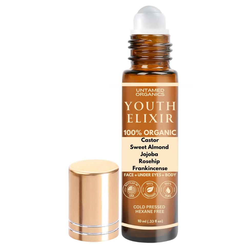Untamed Organics front packaging showing compact amber bottle and label, conveys purity