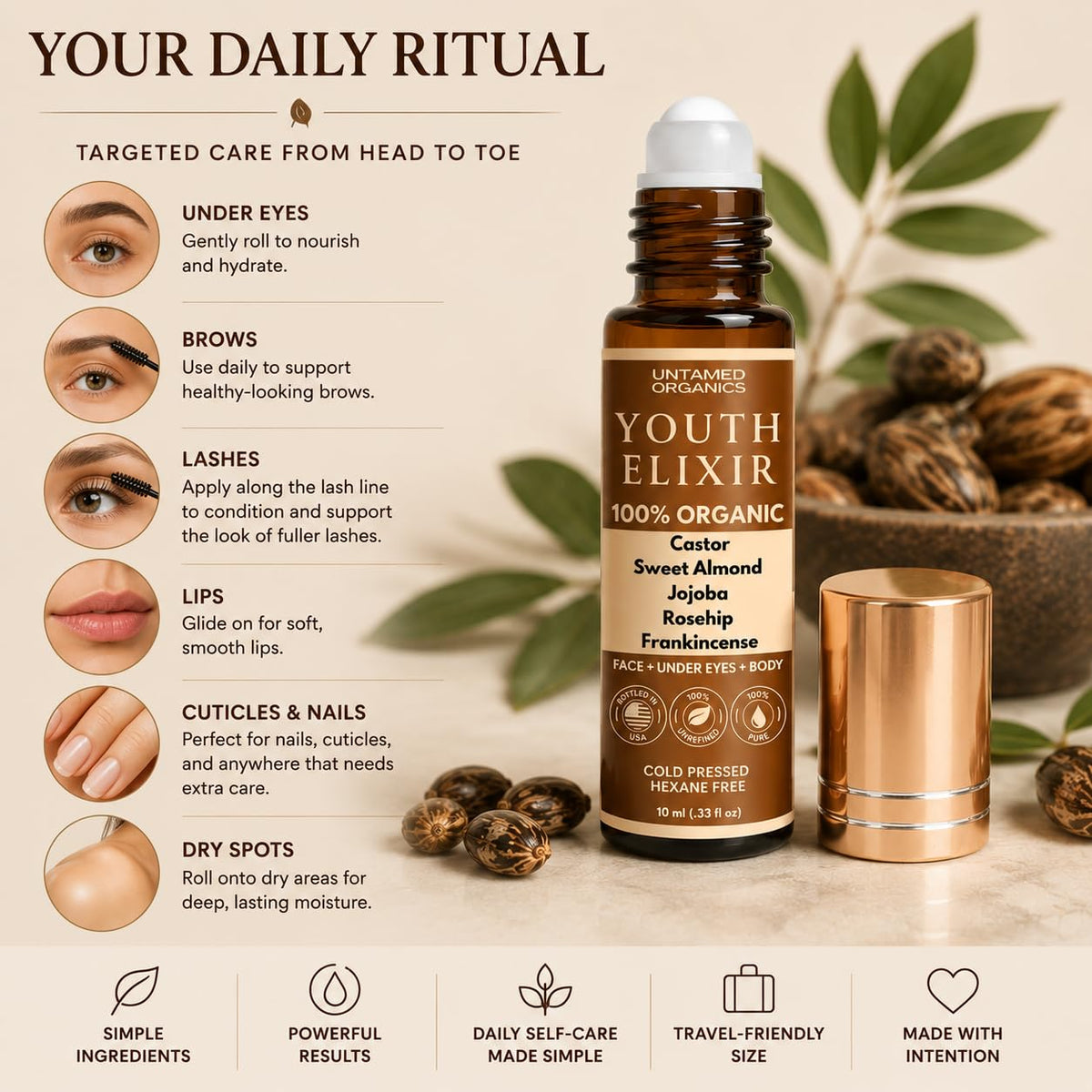 Untamed Organics bottle beside lipstick shows 10mL travel-sized convenience and portability