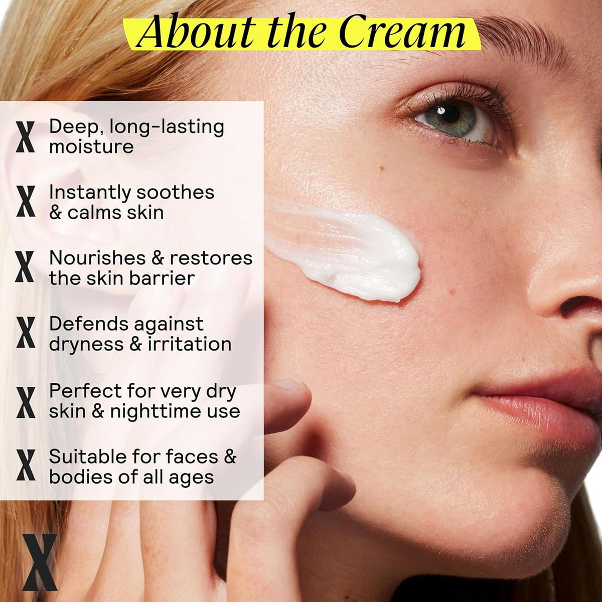 Applying Untoxicated moisturizer to face for calming hydration and comfort