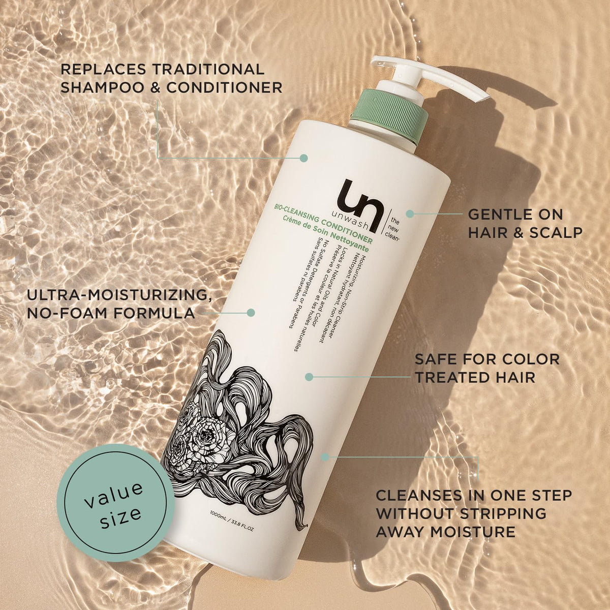 unwash pump and label detail focusing on ingredient callouts and clarity