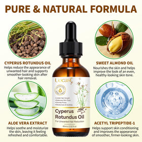 Uocasi bottle label detail listing Cyperus Rotundus, almond oil and aloe
