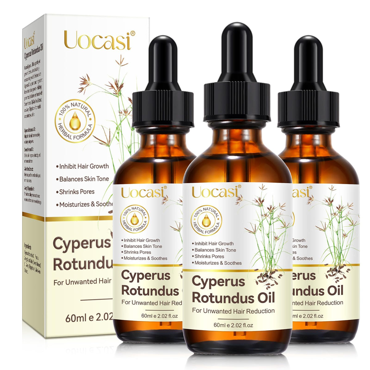 Uocasi front packaging showing Cyperus Rotundus oil for soothing post-hair removal