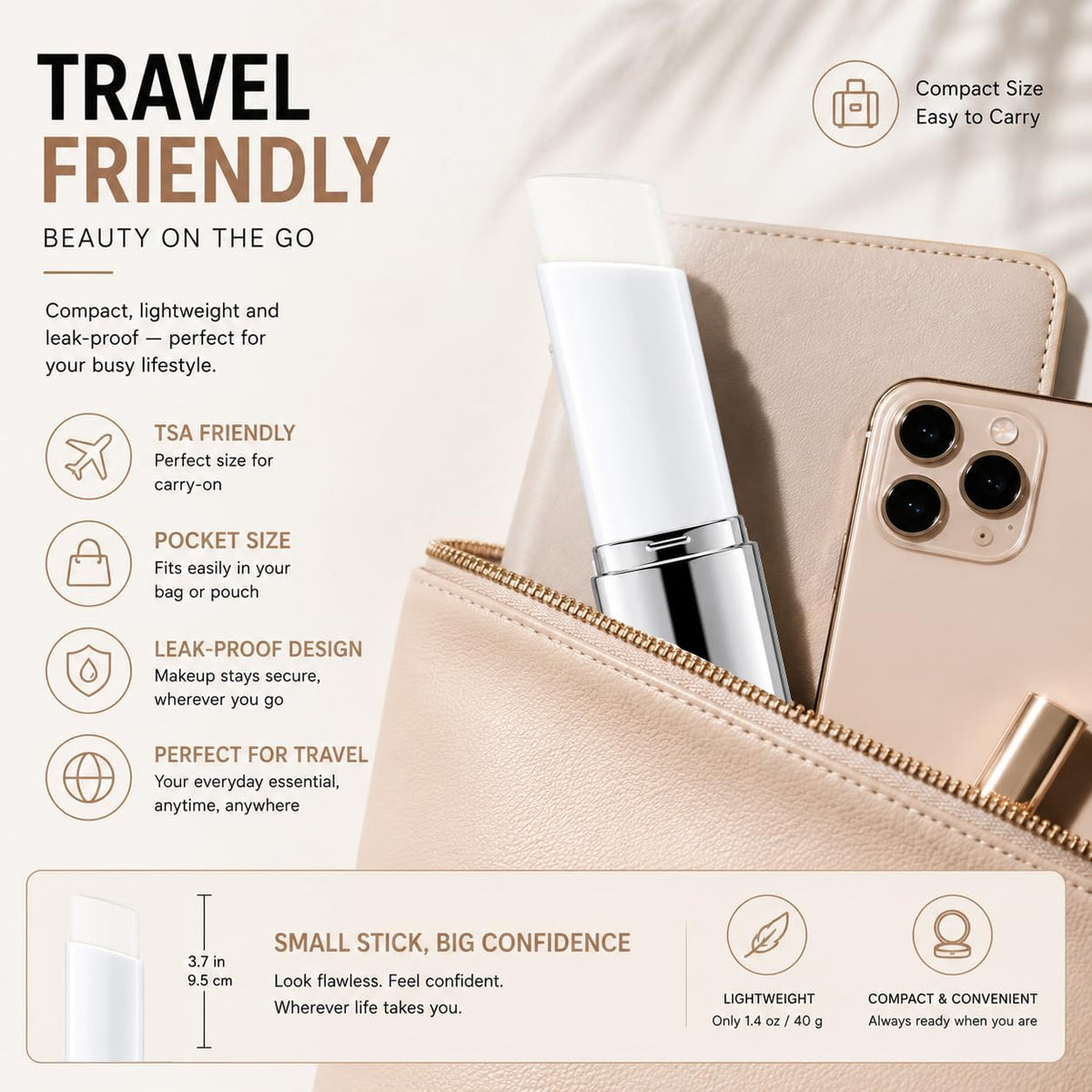 UOIULC cream stick in travel bag scene, convenient on-the-go touch-ups