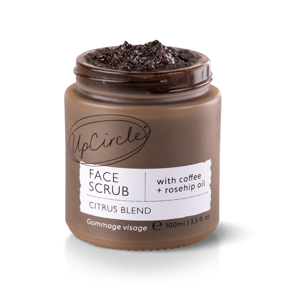 UpCircle front jar showing label and citrus scent for clean skin