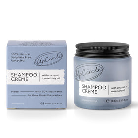 Hand holding UpCircle jar while dispensing cream into palm to illustrate easy application