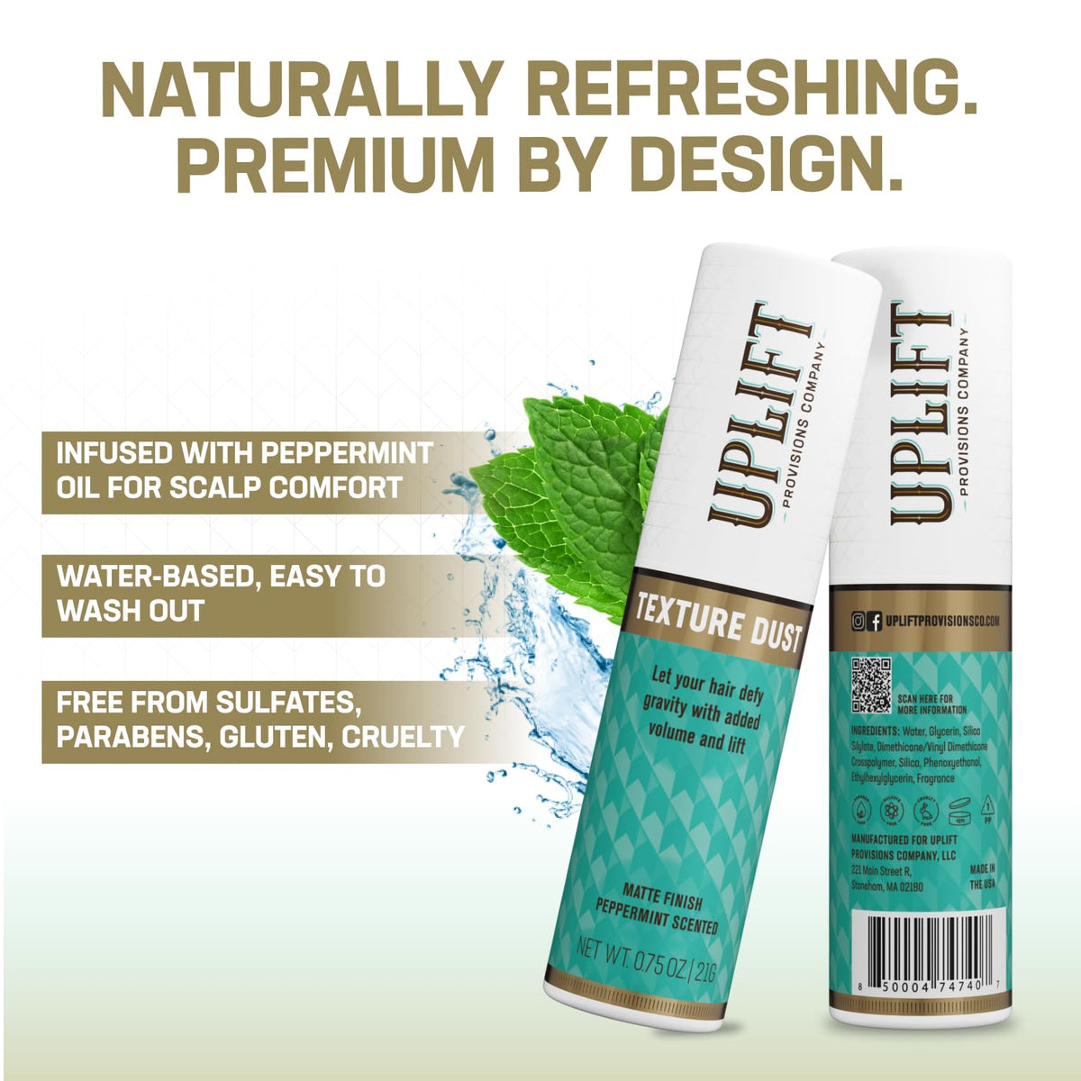 Uplift Provisions bottle in hand for scale, emphasizing compact travel-friendly size