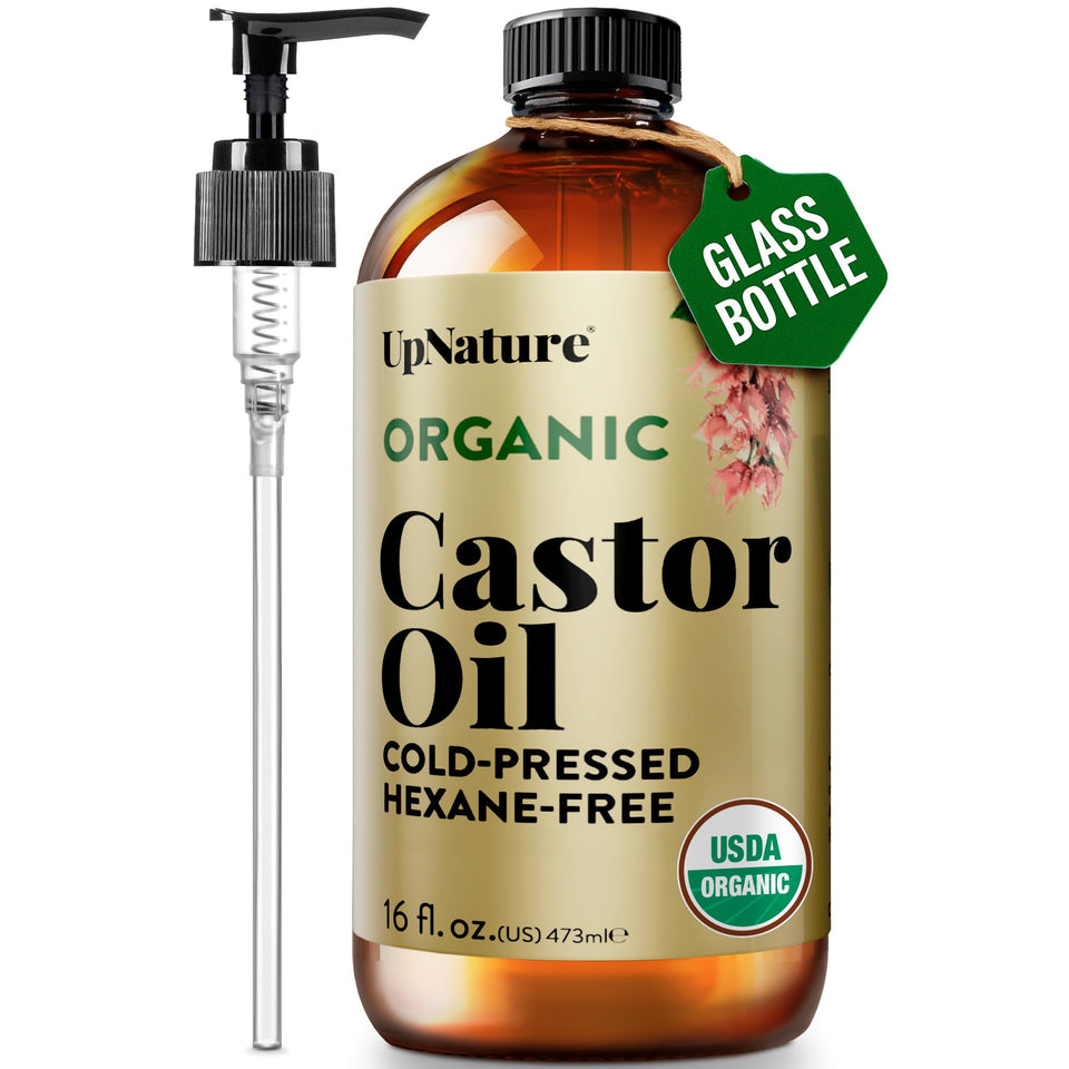 UpNature glass bottle front view showing organic label and capacity benefit