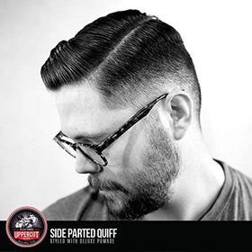 UPPERCUT DELUXE close-up on label to show ingredients and barber-grade heritage