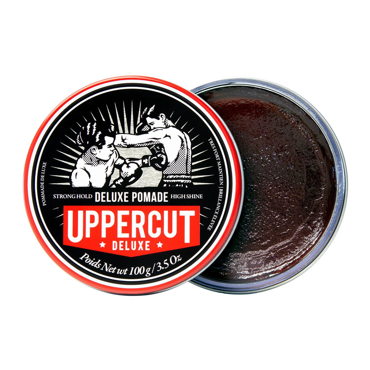 UPPERCUT DELUXE label detail emphasizing barber-grade formula
