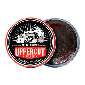 UPPERCUT DELUXE label detail emphasizing barber-grade formula