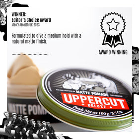 UPPERCUT DELUXE size comparison with everyday items showing compact 3.5 oz jar