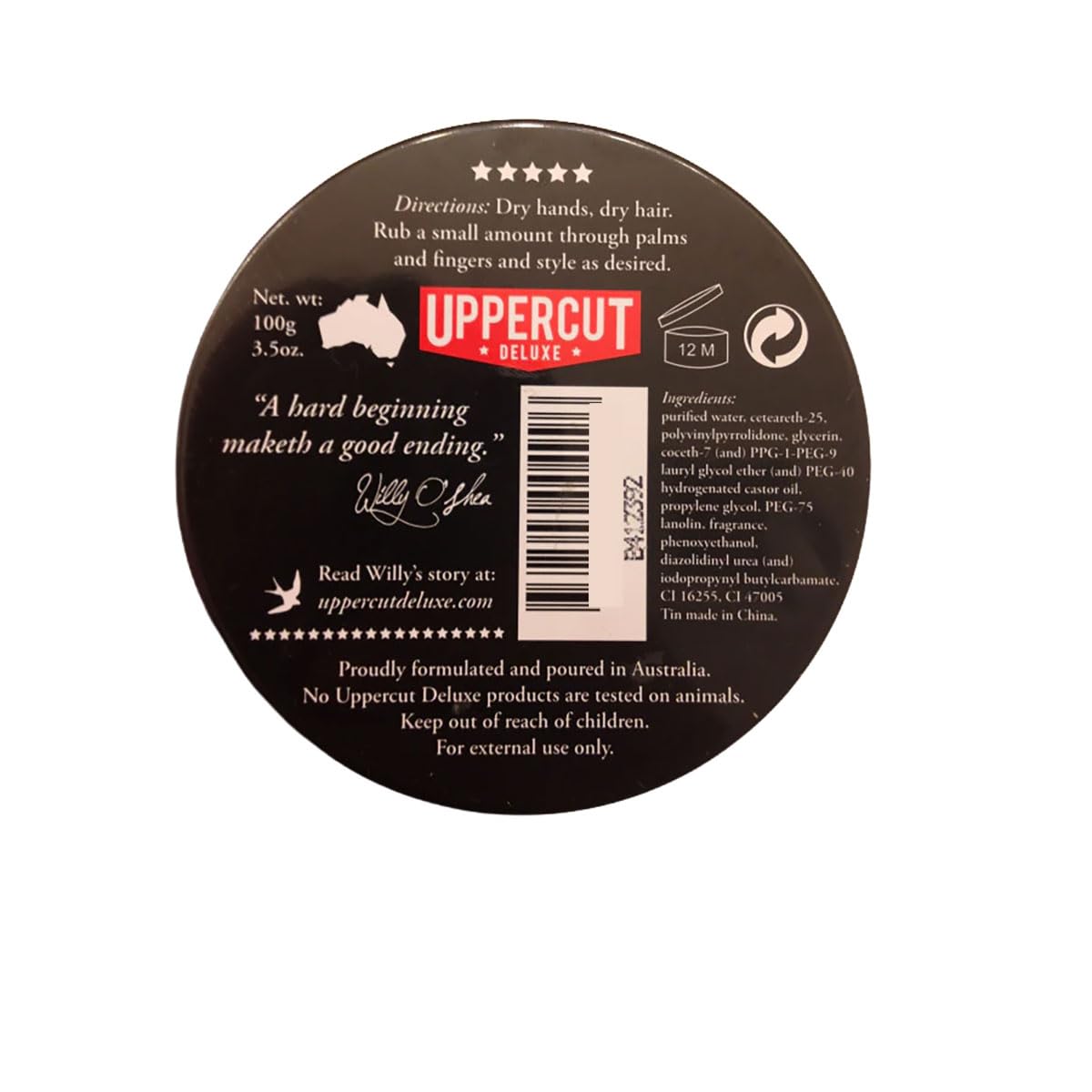 UPPERCUT DELUXE tin beside ruler showing 300g barber size