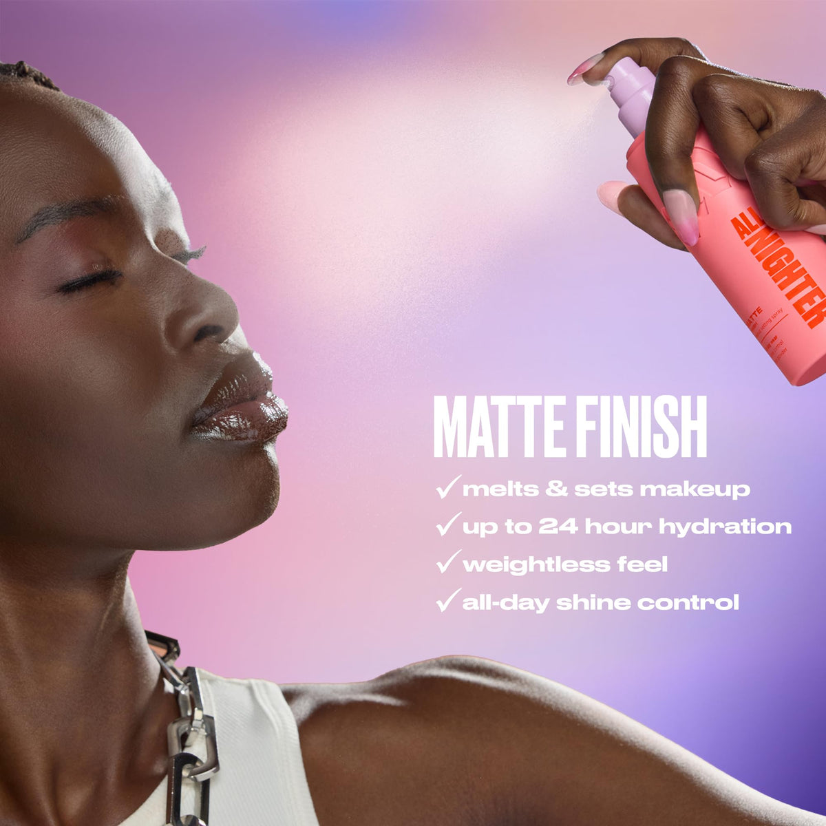 Urban Decay spraying over finished makeup to lock look and reduce transfer