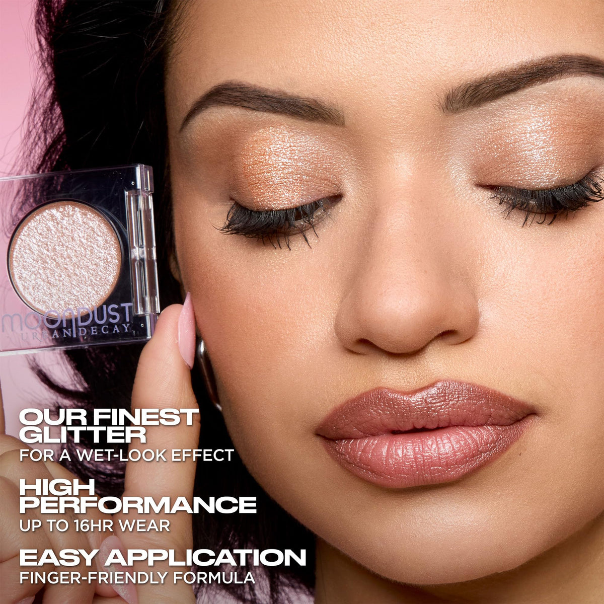 Urban Decay applied with brush demonstrating easy buildable shine for intense payoff
