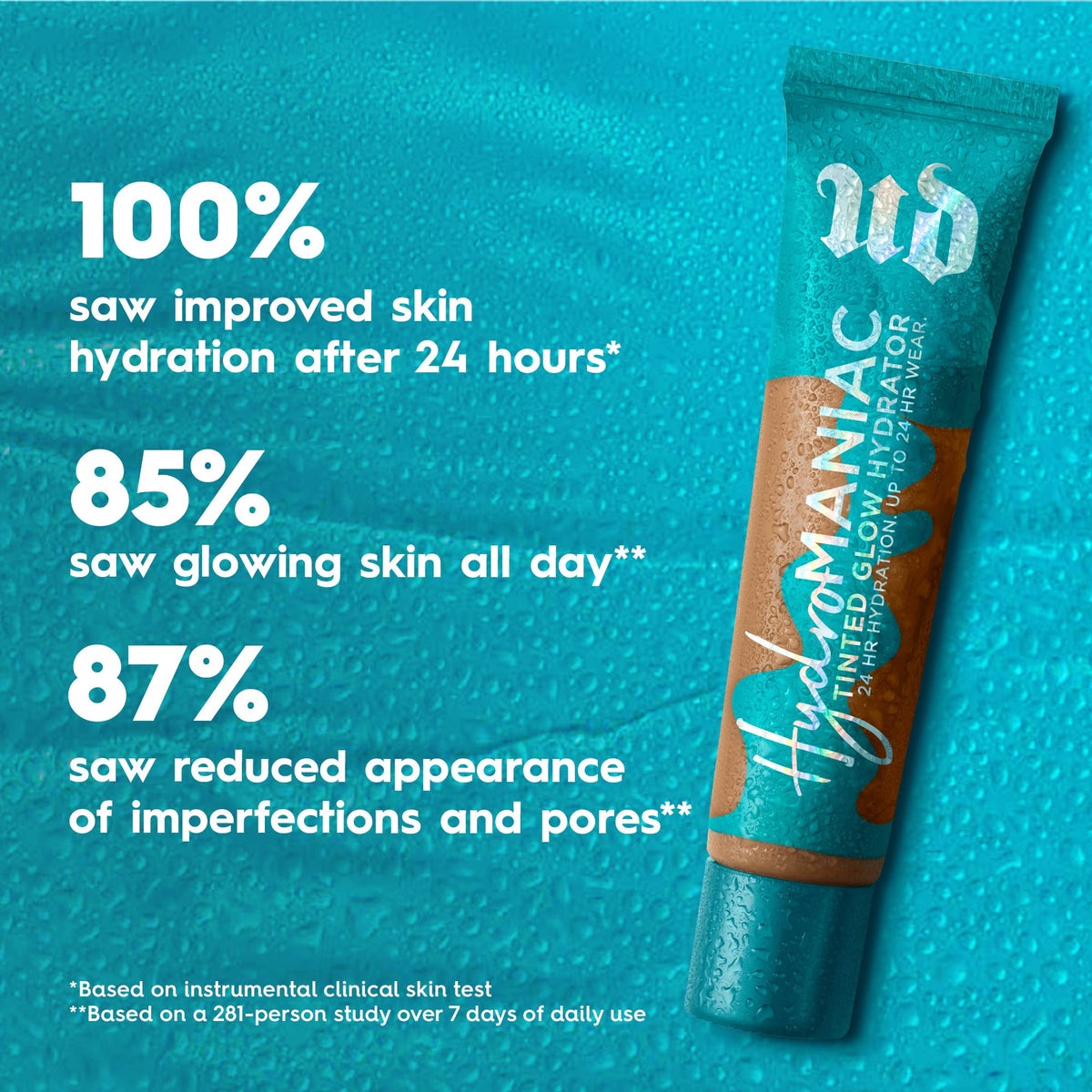 Urban Decay Hydromaniac application with fingers on cheek, shows blendable, natural finish