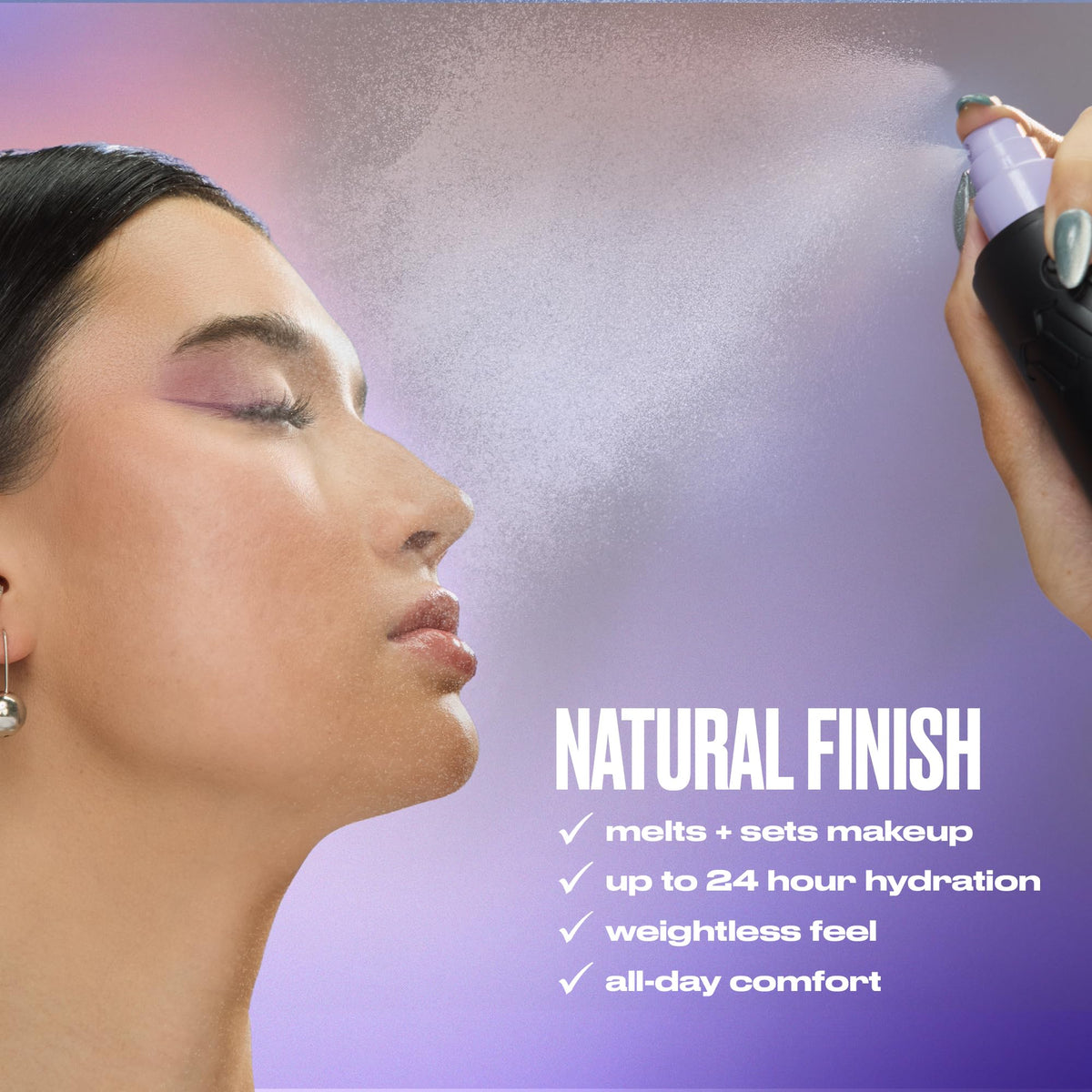 Urban Decay label closeup listing key ingredients for hydration and hold